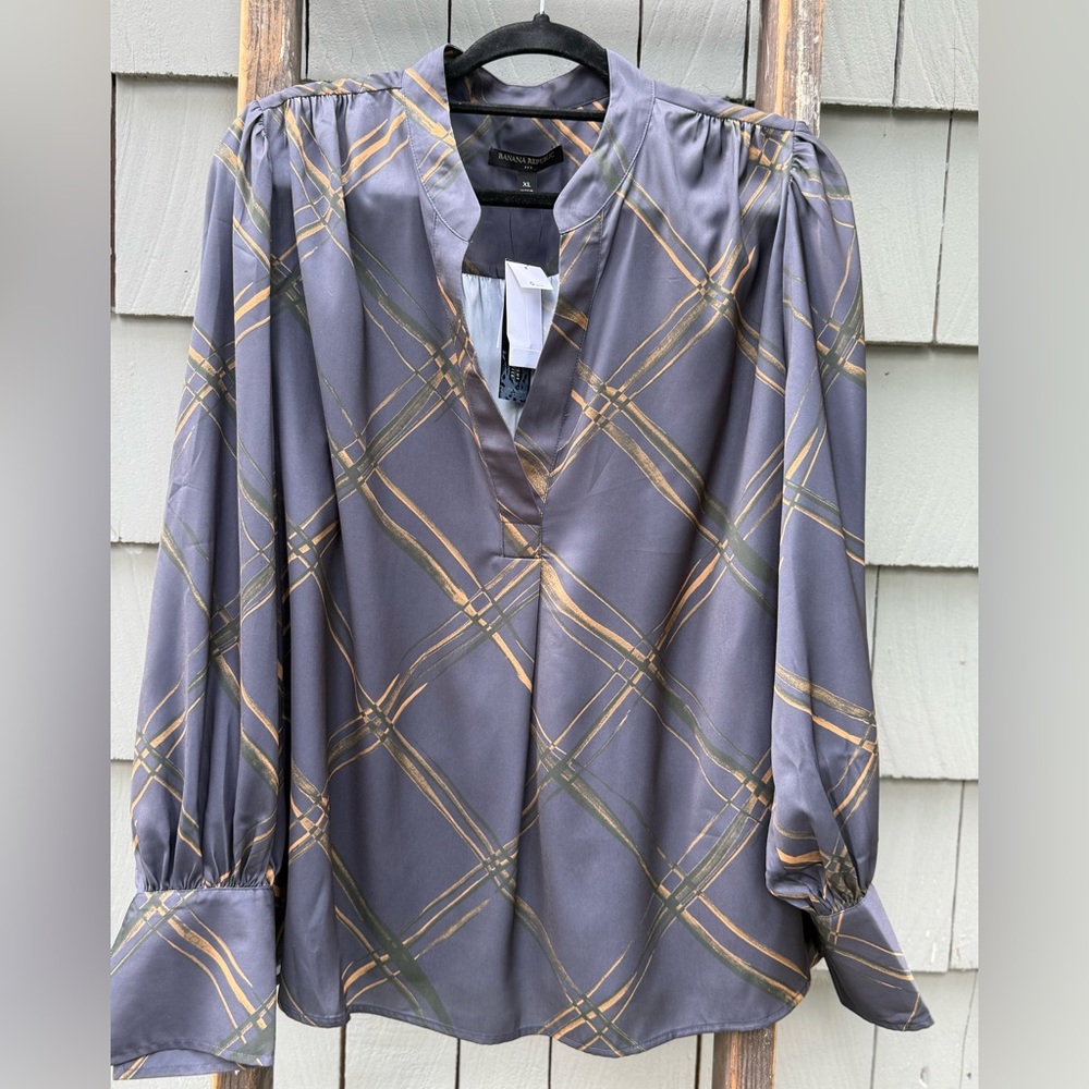 Banana Republic Charcoal Volume Sleeve Blouse with Gold and Olive Plaid